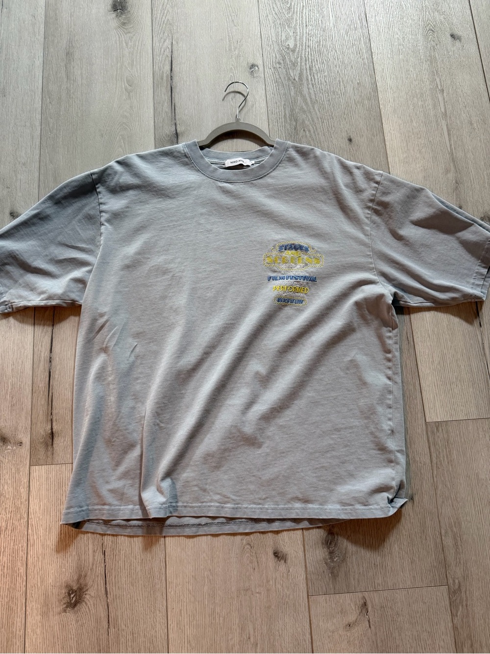 Men's Light Blue Embroidered Graphic Tee - Casual Crewneck Shirt